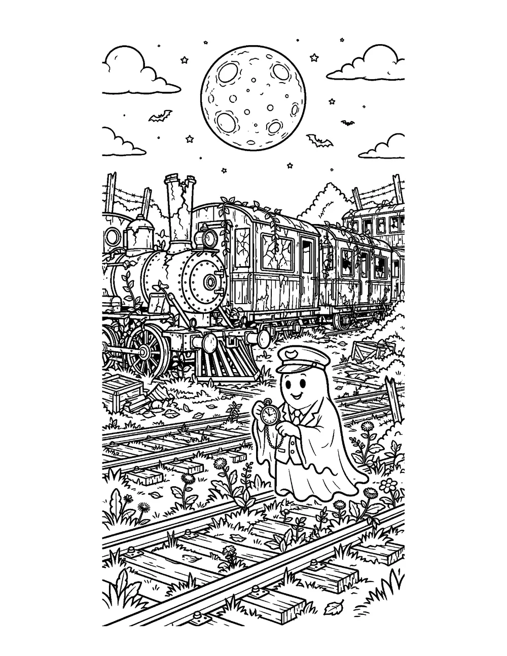 Free printable Ghost Train Graveyard Halloween coloring page for kids