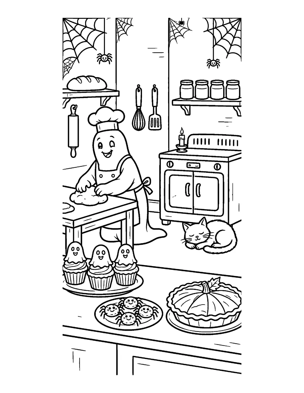 Free printable Haunted Bakery Halloween coloring page for kids