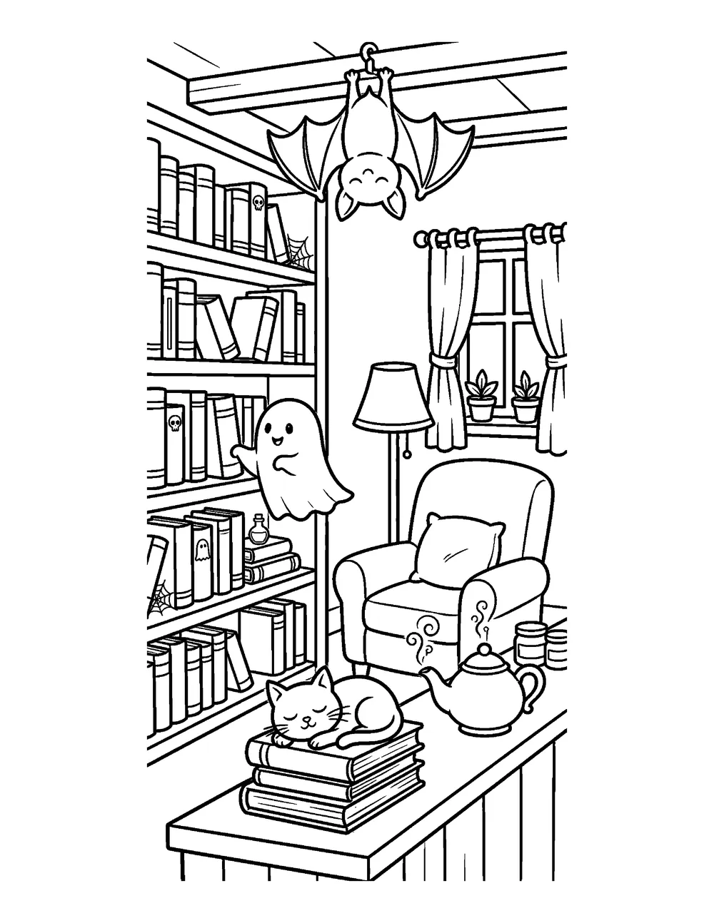 Free printable Haunted Bookshop Halloween coloring page for kids