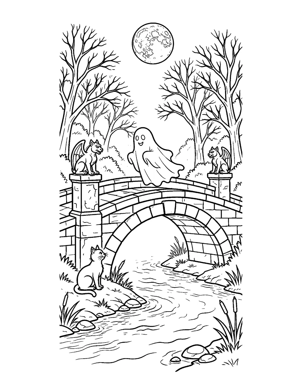 Free printable Haunted Bridge Halloween coloring page for kids