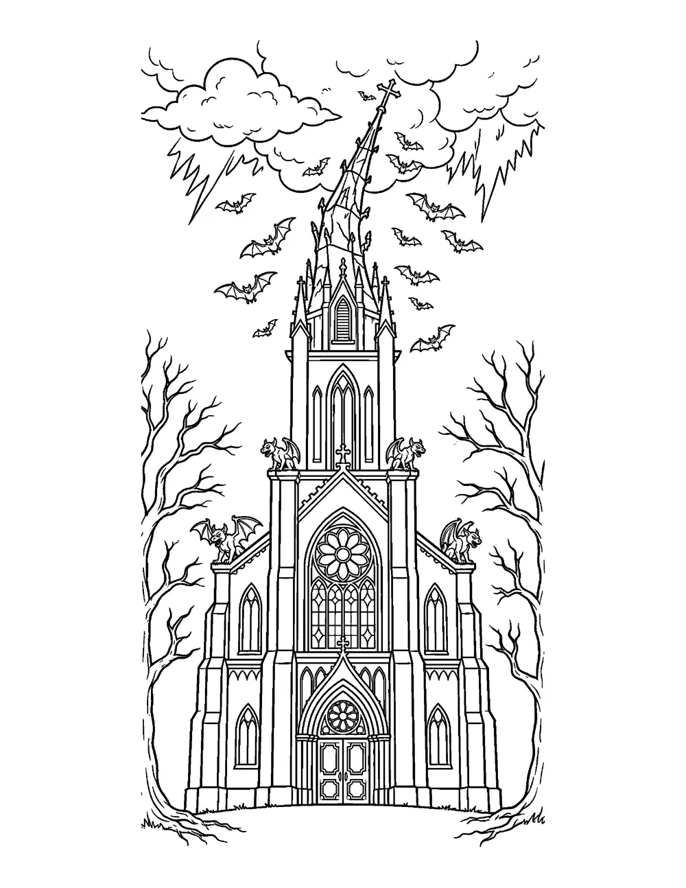 Free printable Haunted Cathedral Halloween coloring page for kids