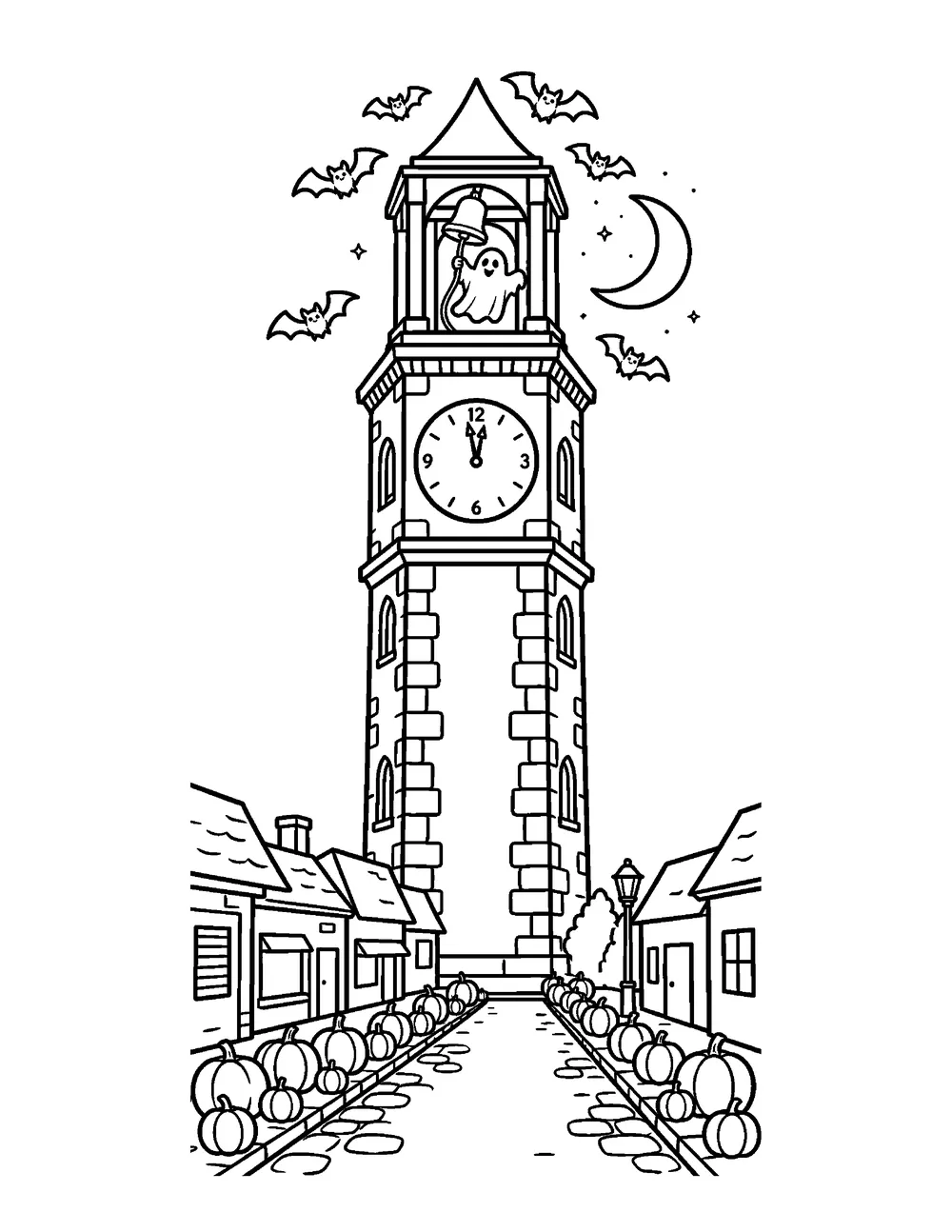 Free printable Haunted Clock Tower Halloween coloring page for kids