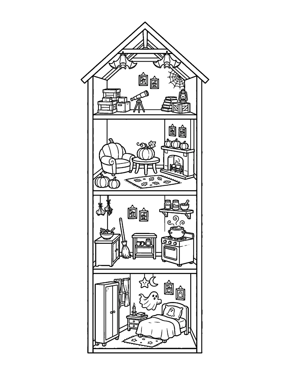 Free printable Haunted Dollhouse Halloween coloring page for kids