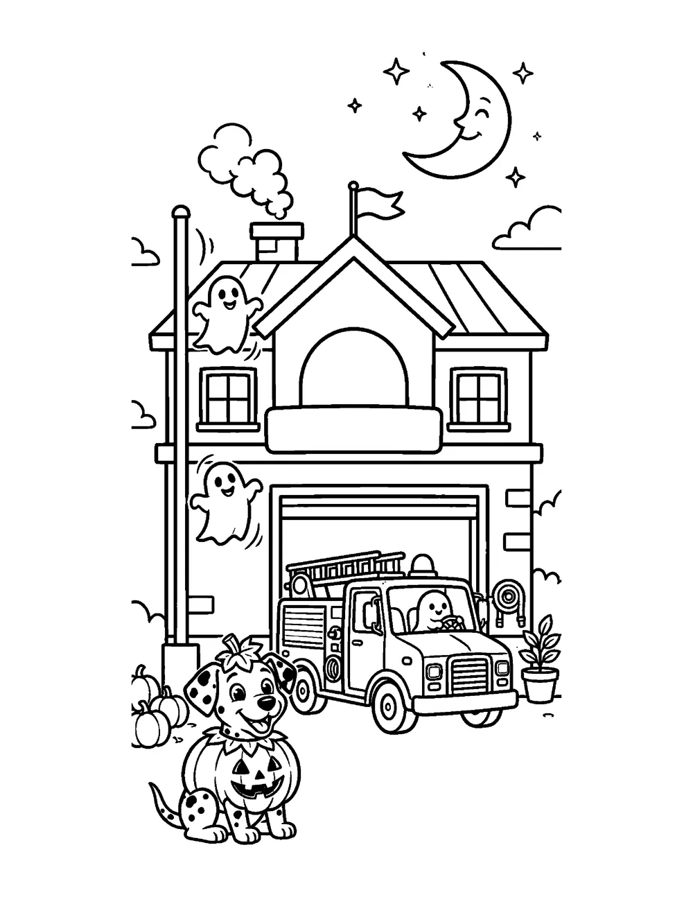 Free printable Haunted Fire Station Halloween coloring page for kids