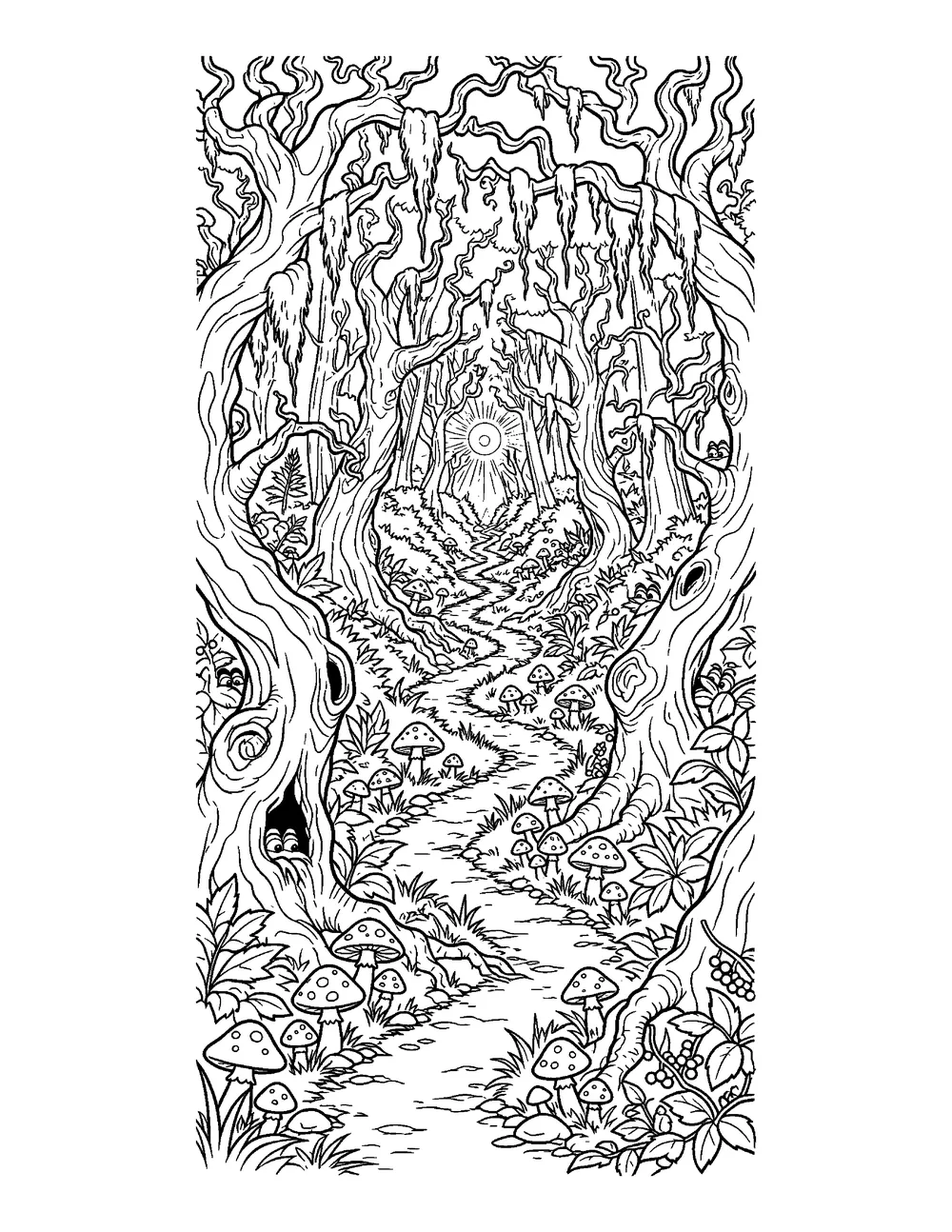 Free printable Haunted Forest Halloween coloring page for kids