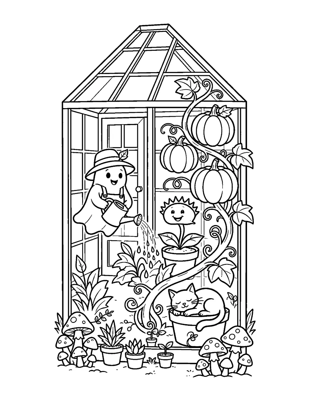 Free printable Haunted Greenhouse Halloween coloring page for kids