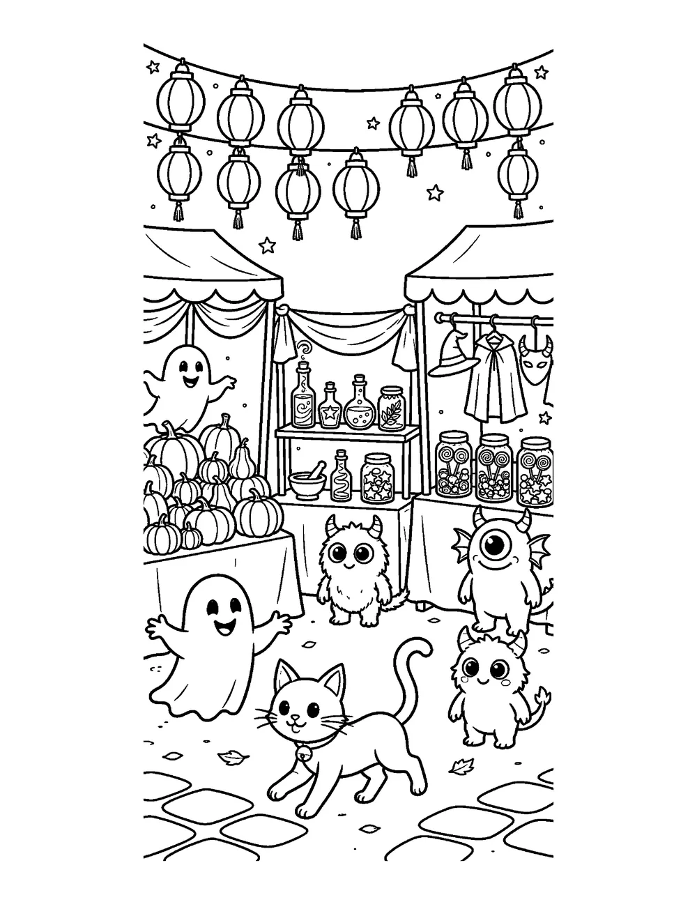 Free printable Haunted Halloween Market Halloween coloring page for kids