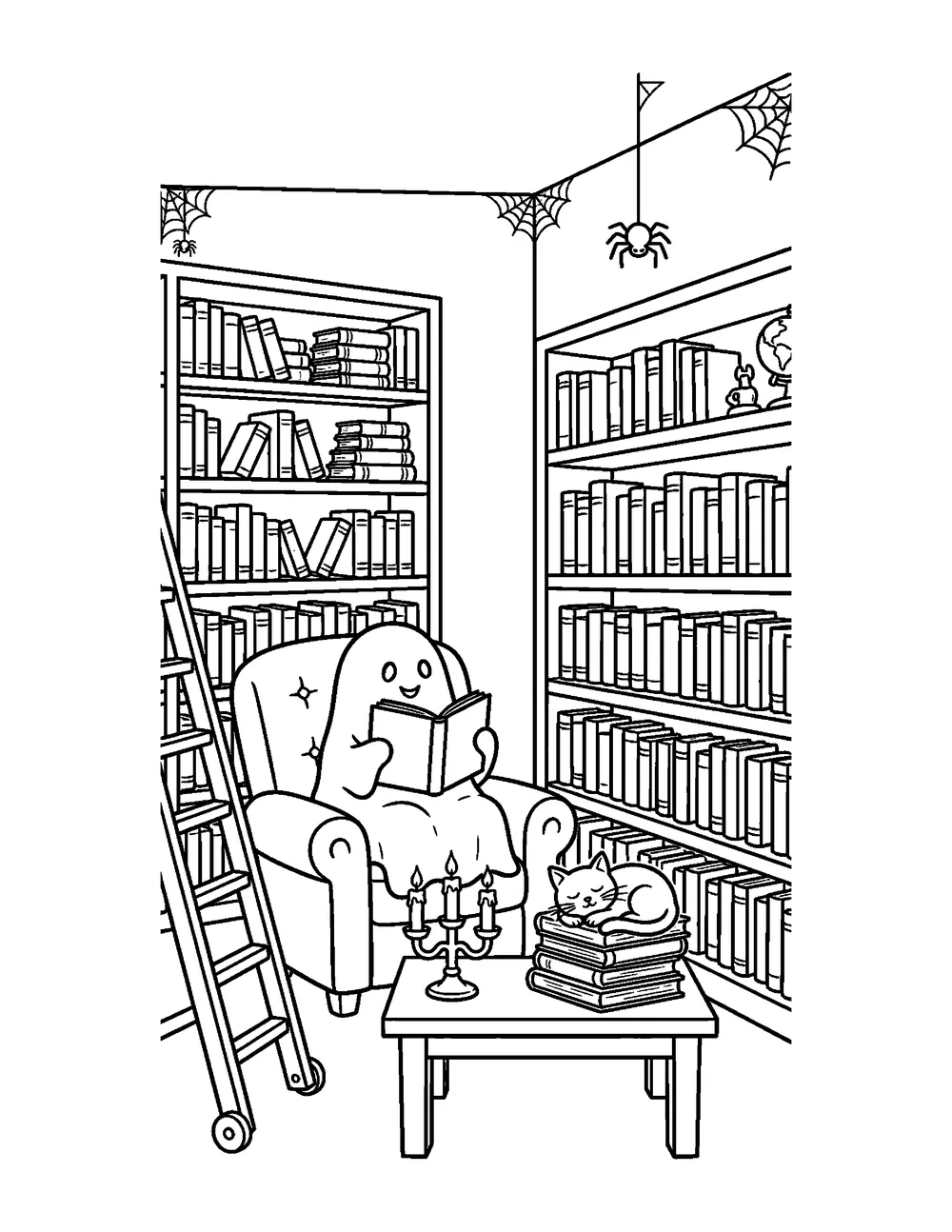 Free printable Haunted Library Halloween coloring page for kids