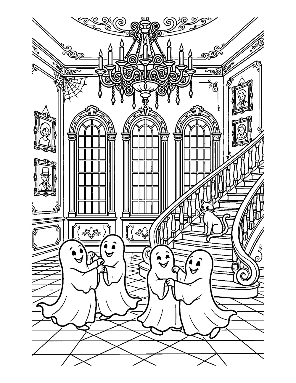 Free printable Haunted Mansion Ballroom Halloween coloring page for kids