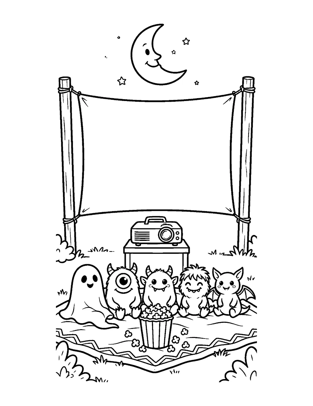 Free printable Haunted Movie Night Halloween coloring page for kids