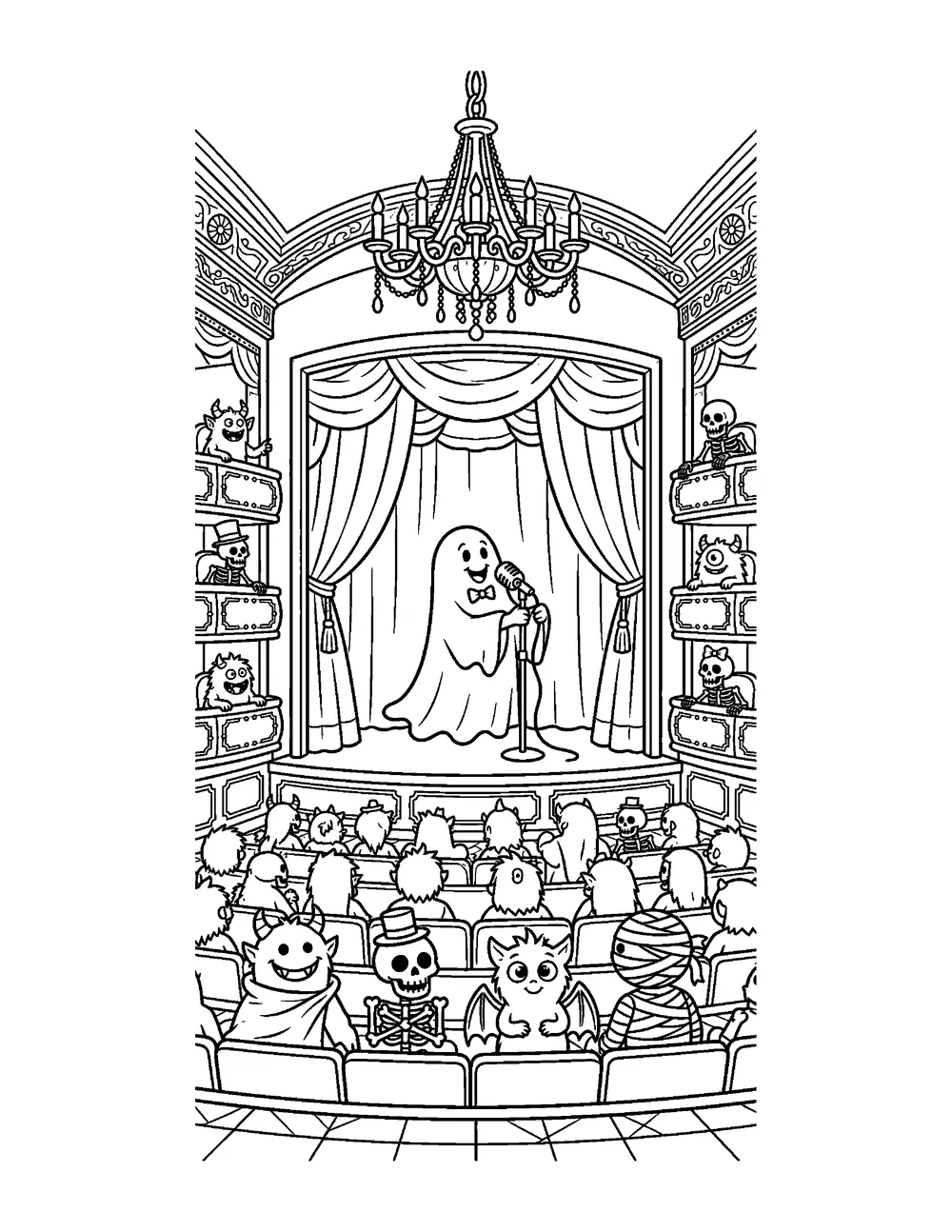 Free printable Haunted Opera House Halloween coloring page for kids