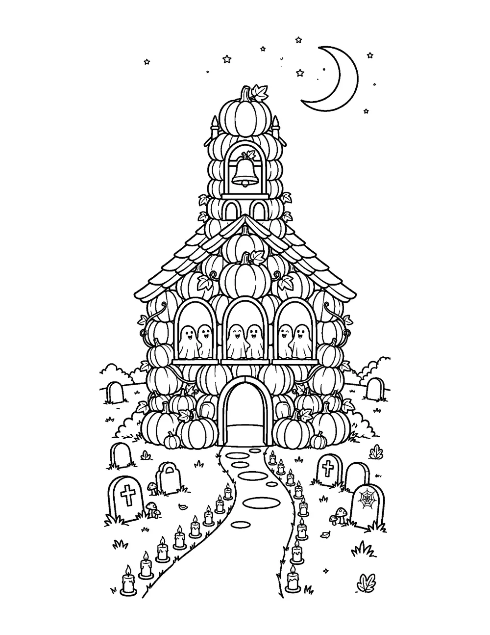 Free printable Haunted Pumpkin Chapel Halloween coloring page for kids