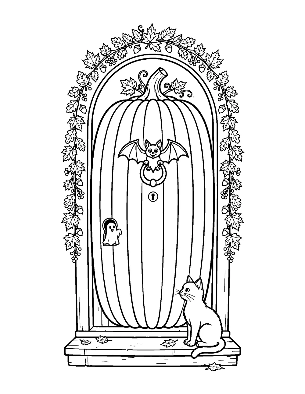 Free printable Haunted Pumpkin Door Halloween coloring page for kids