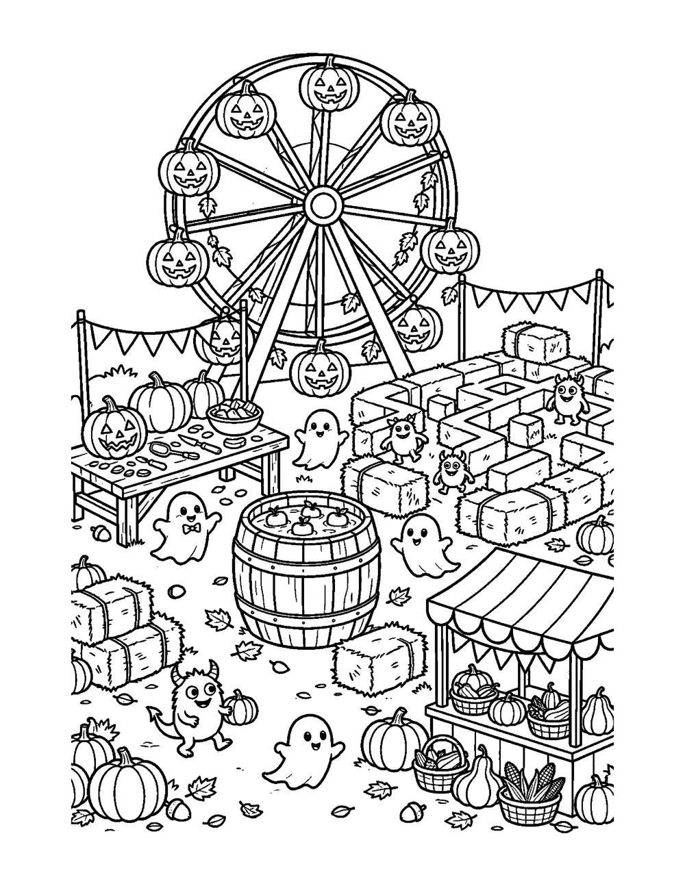 Free printable Haunted Pumpkin Festival Halloween coloring page for kids