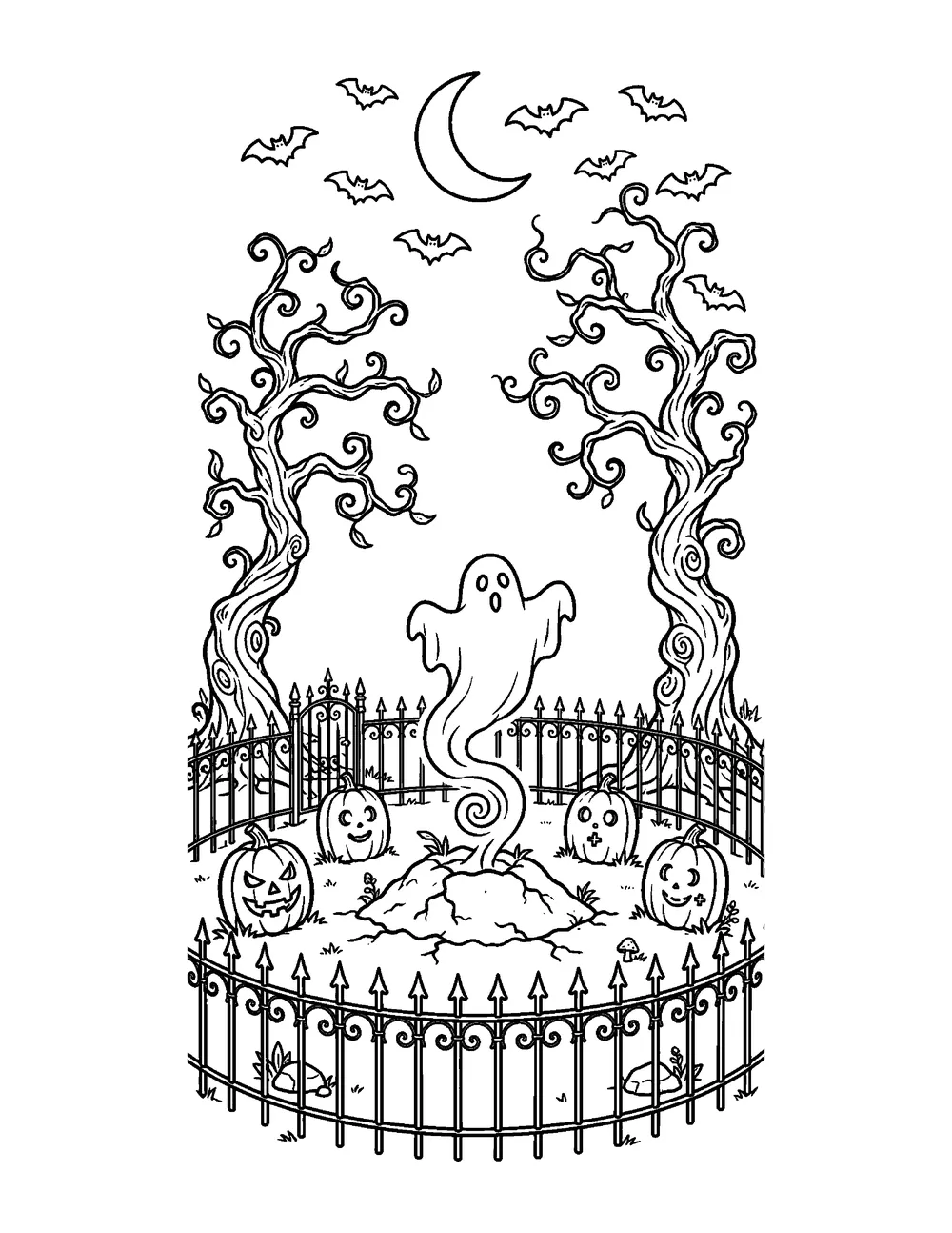 Free printable Haunted Pumpkin Graveyard Halloween coloring page for kids