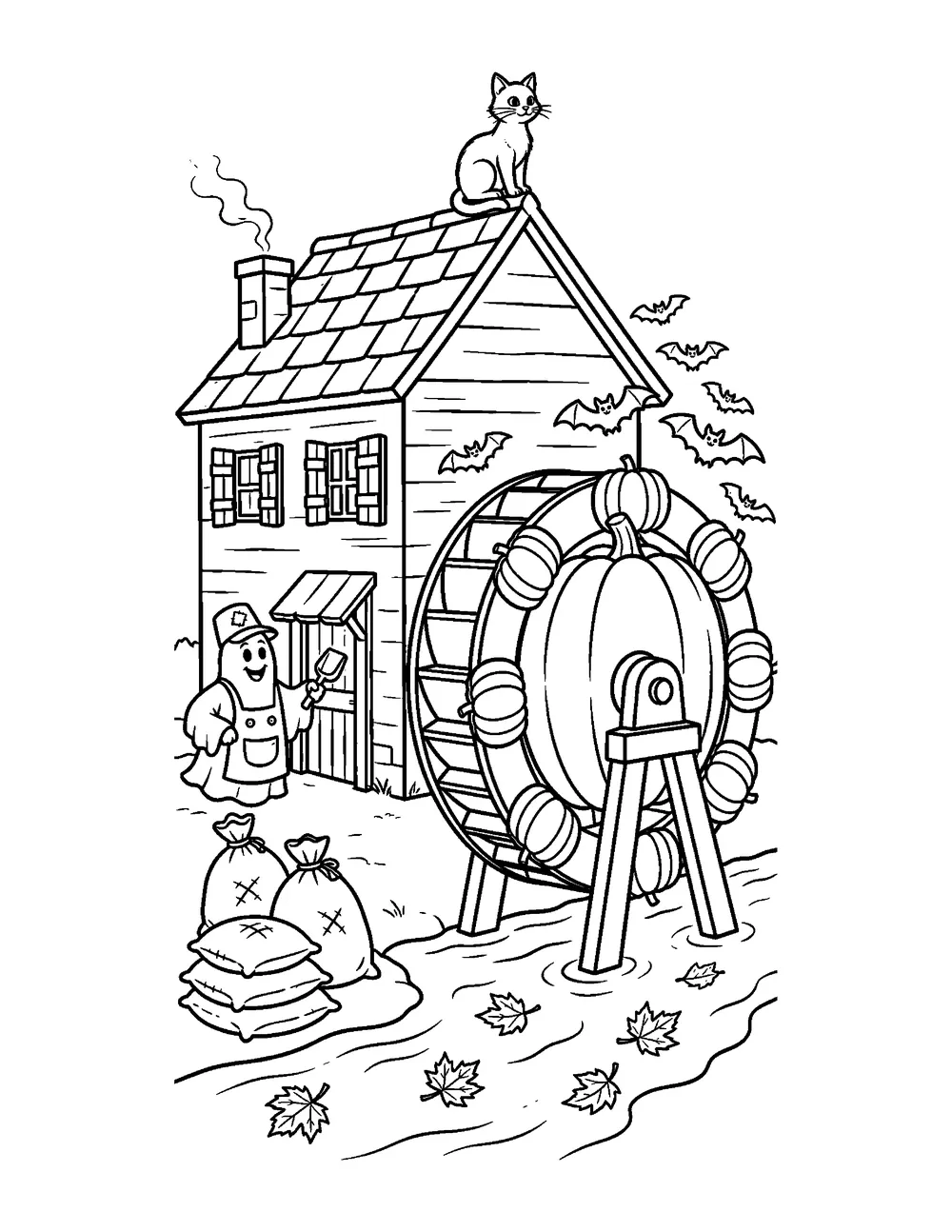 Free printable Haunted Pumpkin Mill Halloween coloring page for kids