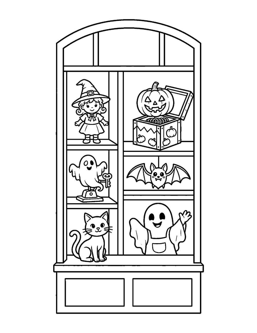 Free printable Haunted Toy Shop Halloween coloring page for kids