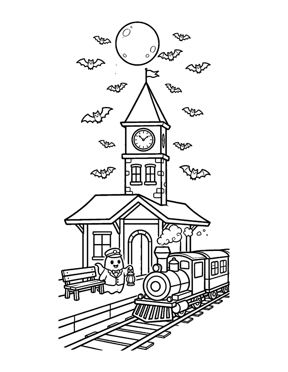 Free printable Haunted Train Station Halloween coloring page for kids