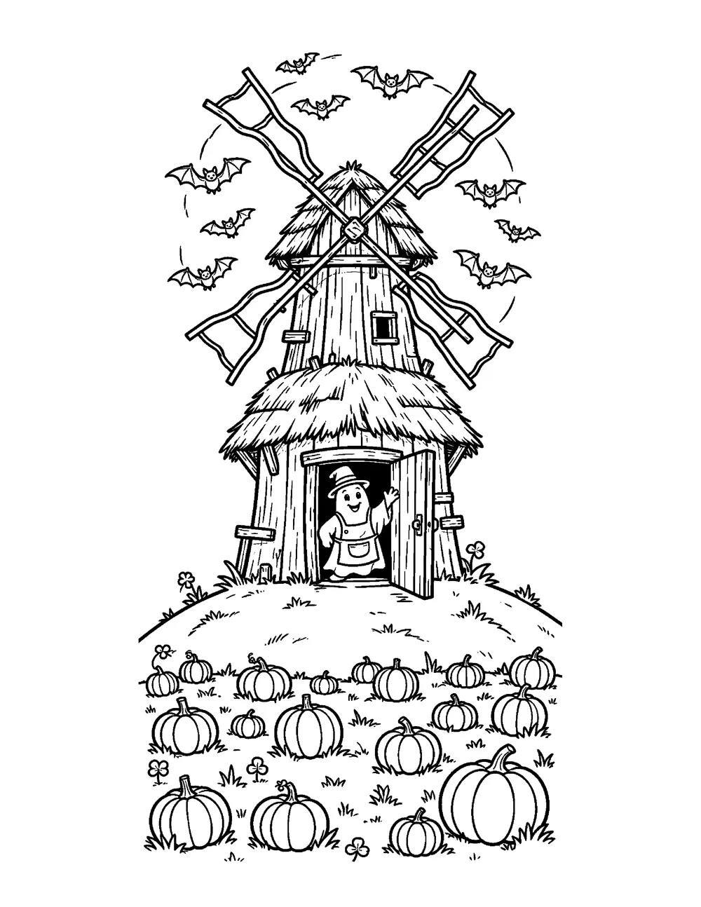 Free printable Haunted Windmill Halloween coloring page for kids