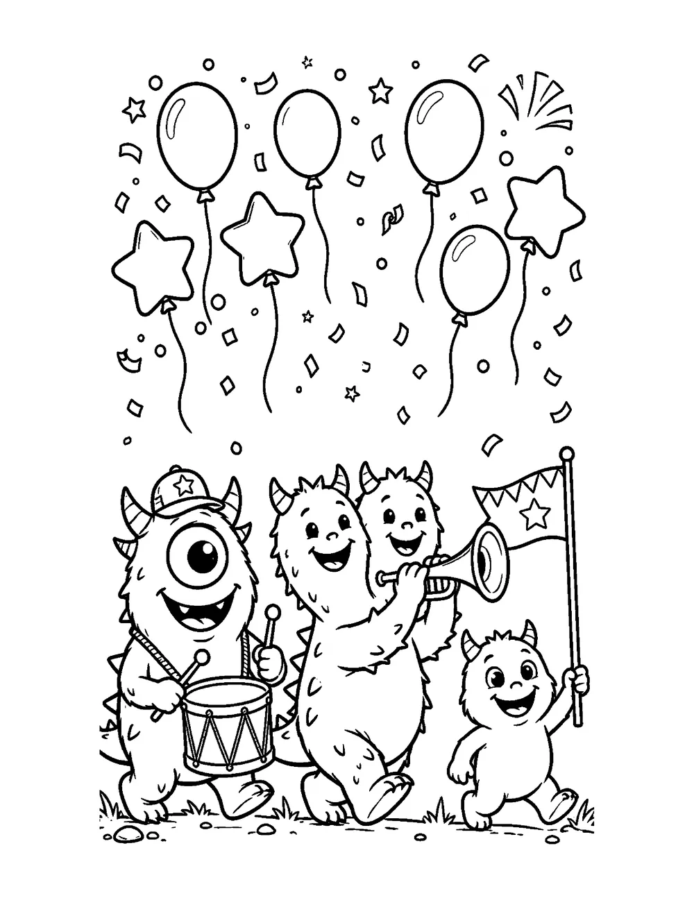 Free printable Monster Parade Halloween coloring page for kids