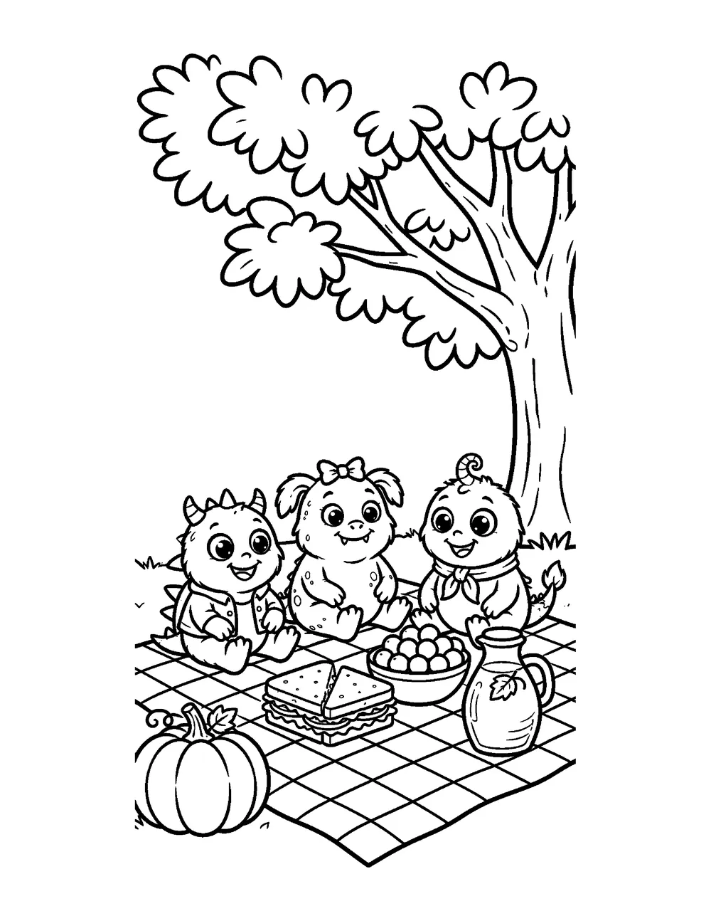 Free printable Monster Picnic Halloween coloring page for kids