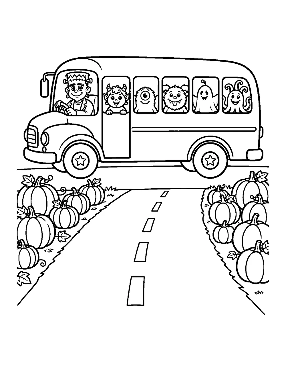 Free printable Monster School Bus Halloween coloring page for kids