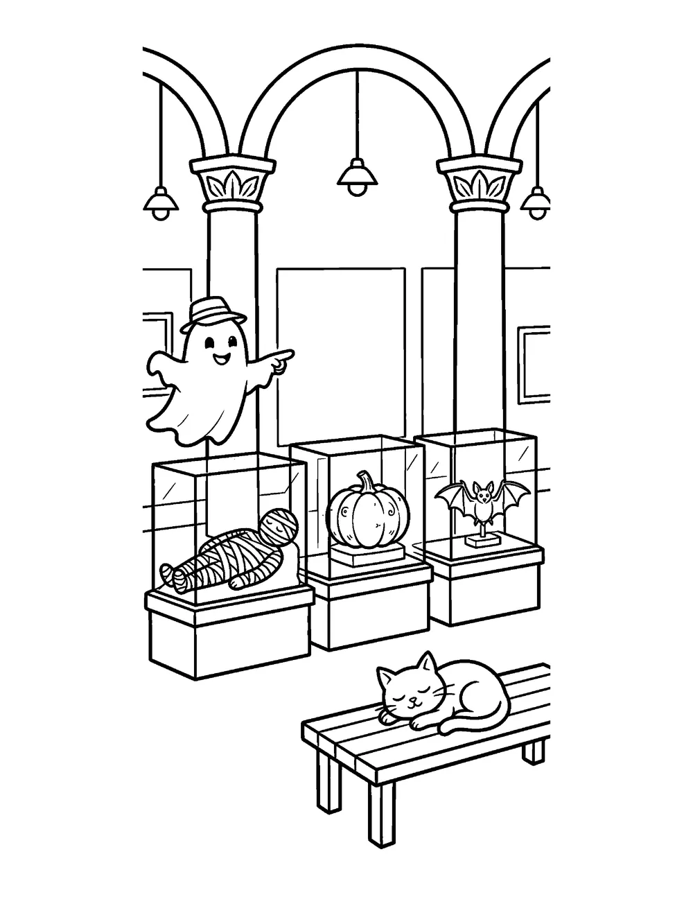 Free printable Mummy Museum Halloween coloring page for kids