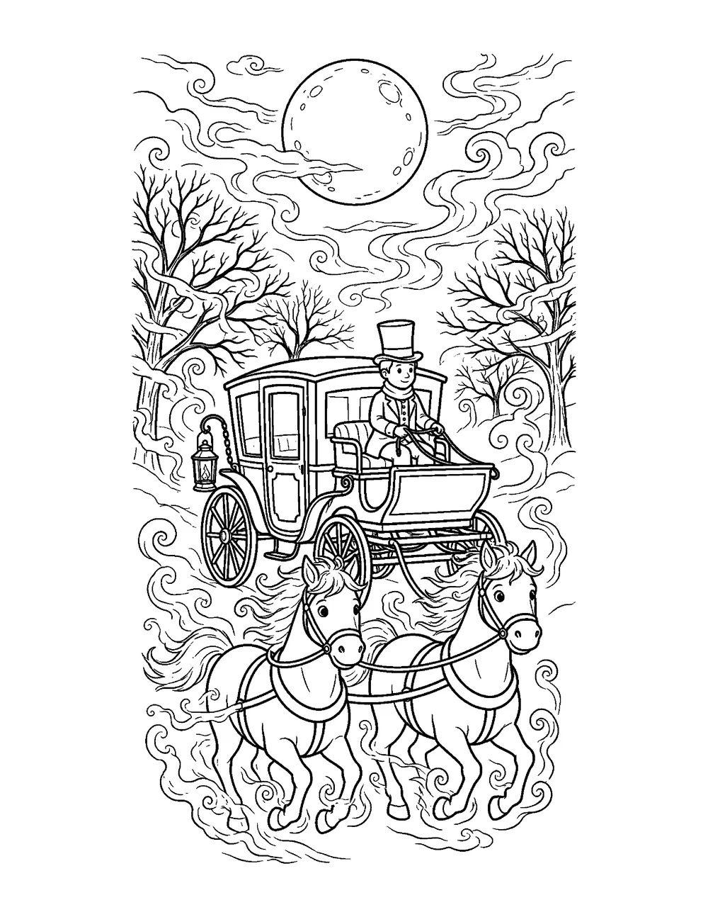 Free printable Phantom Carriage Halloween coloring page for kids