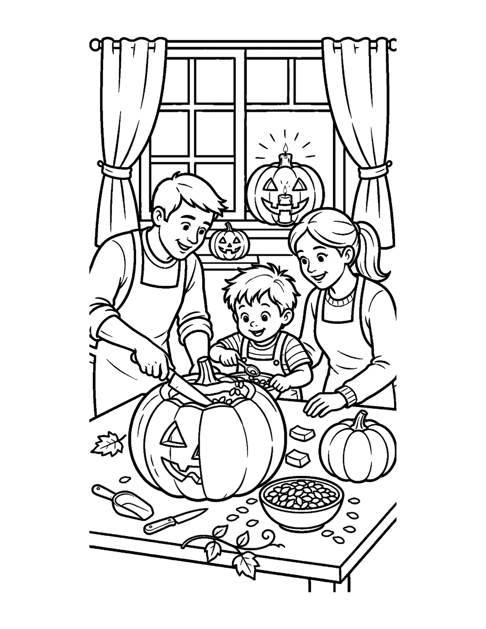 Free printable Pumpkin Carving Table Halloween coloring page for kids