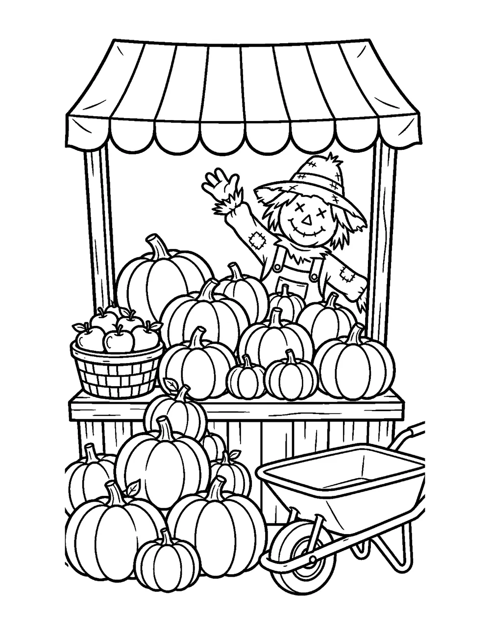 Free printable Pumpkin Farm Stand Halloween coloring page for kids