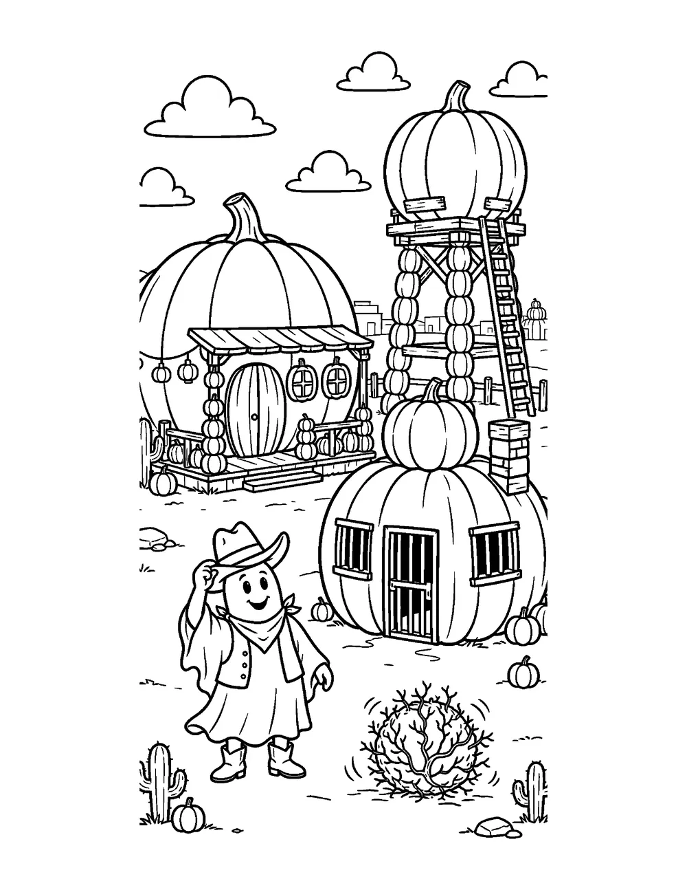 Free printable Pumpkin Ghost Town Halloween coloring page for kids