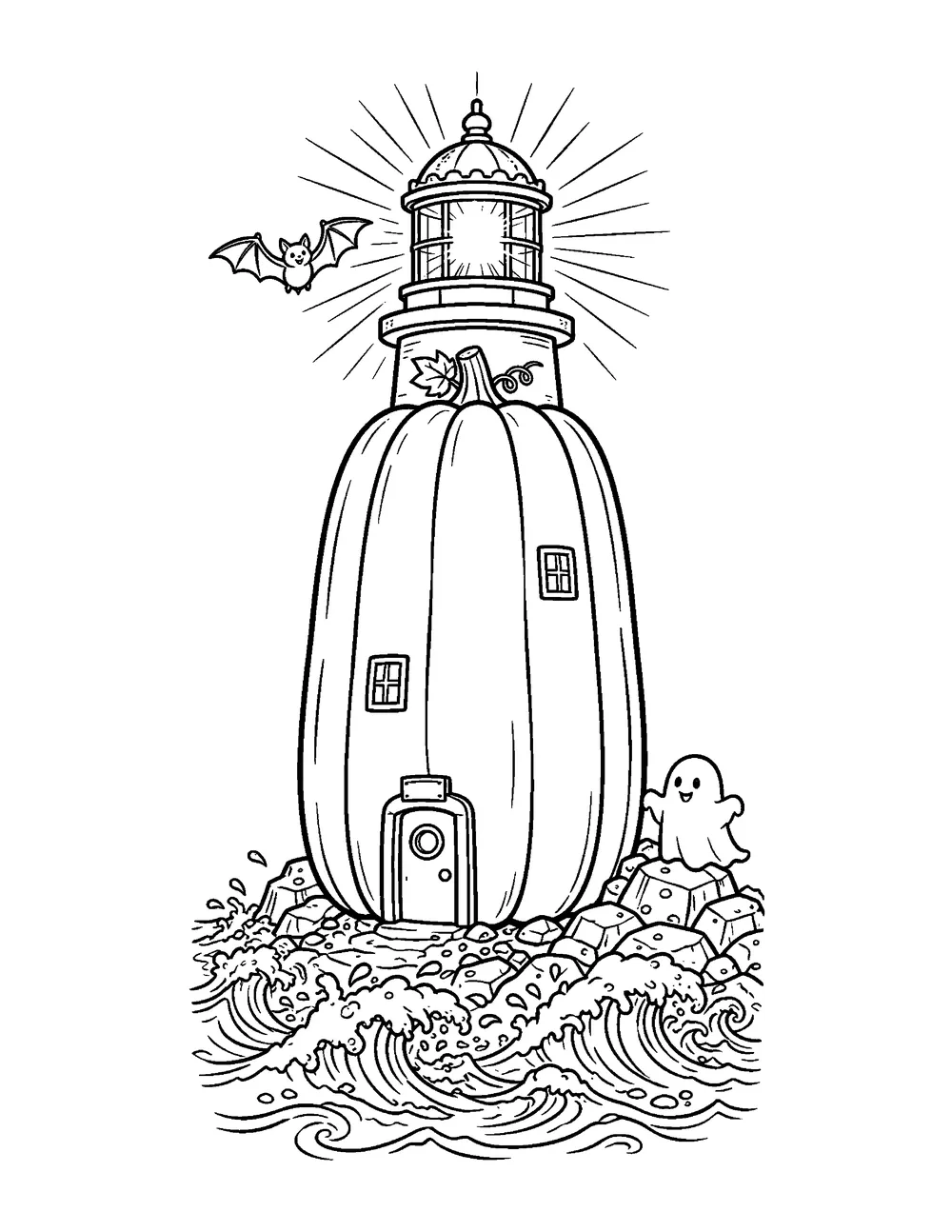 Free printable Pumpkin Lighthouse Halloween coloring page for kids