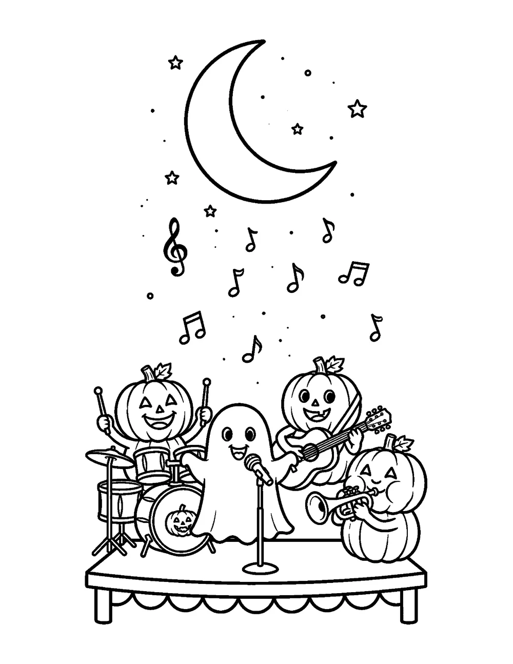 Free printable Pumpkin Music Band Halloween coloring page for kids