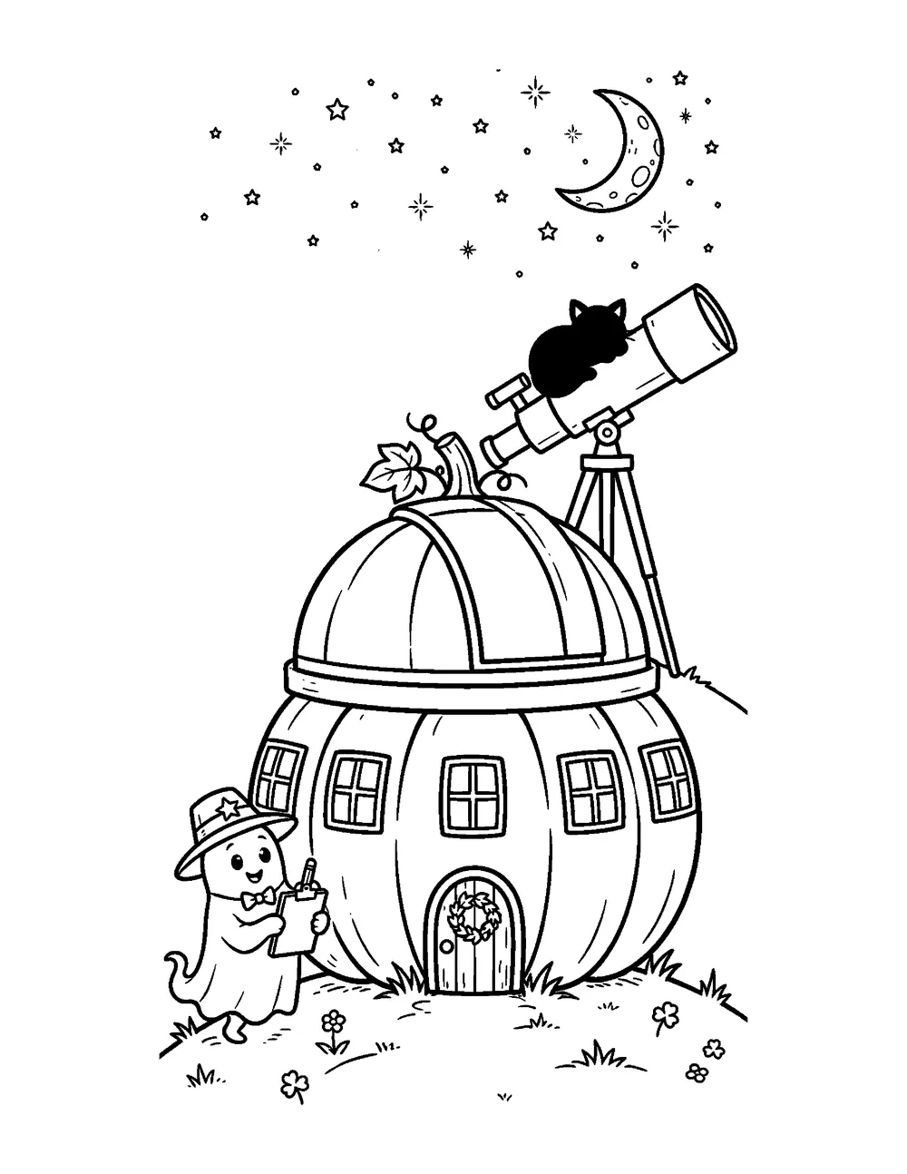 Free printable Pumpkin Observatory Halloween coloring page for kids