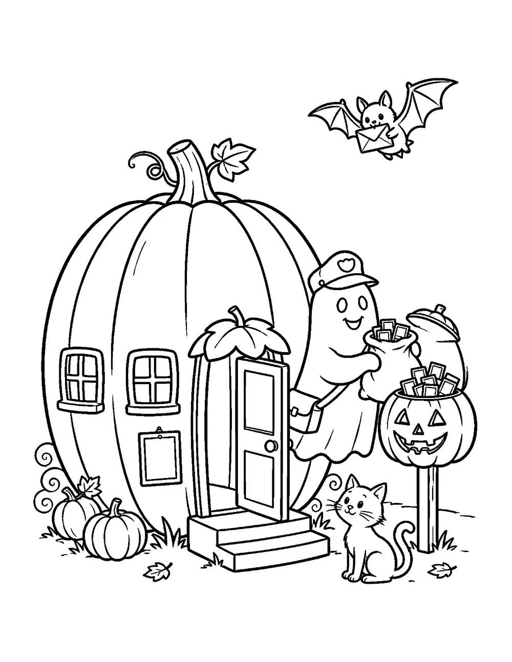 Free printable Pumpkin Post Office Halloween coloring page for kids