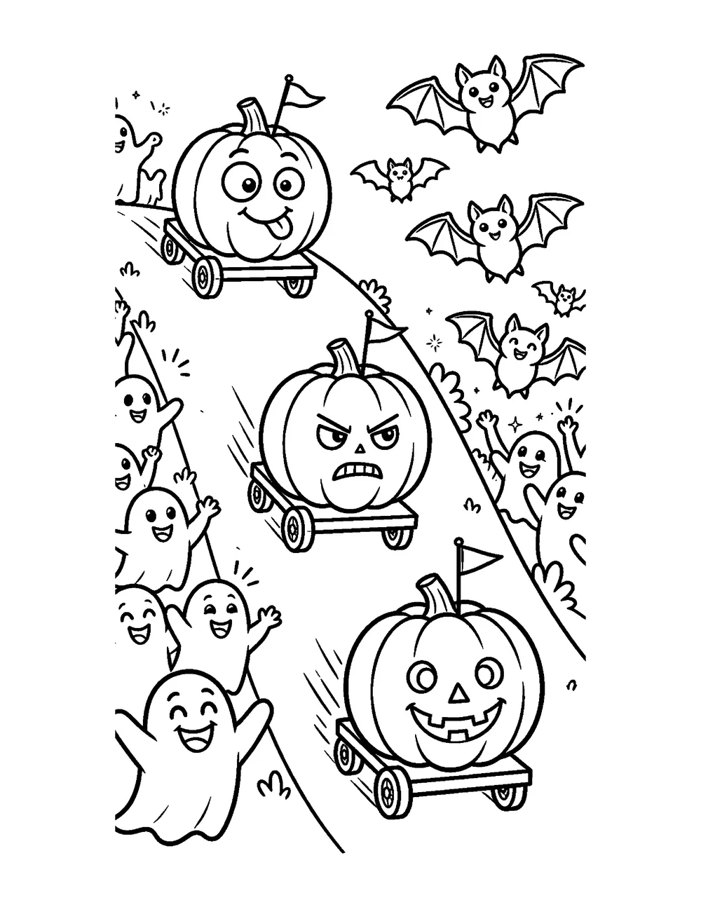 Free printable Pumpkin Race Halloween coloring page for kids