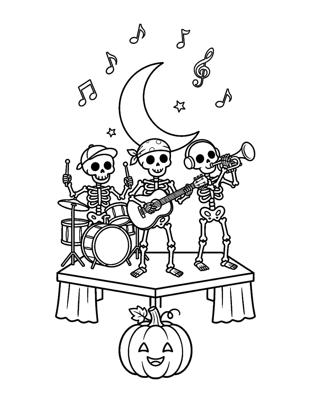Free printable Skeleton Band Halloween coloring page for kids