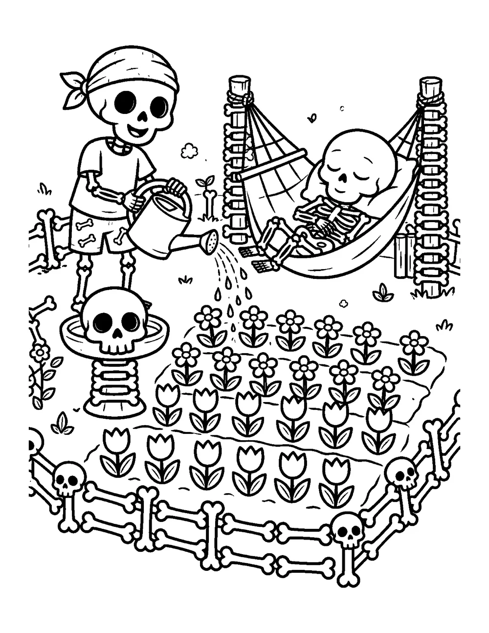 Free printable Skeleton Garden Halloween coloring page for kids