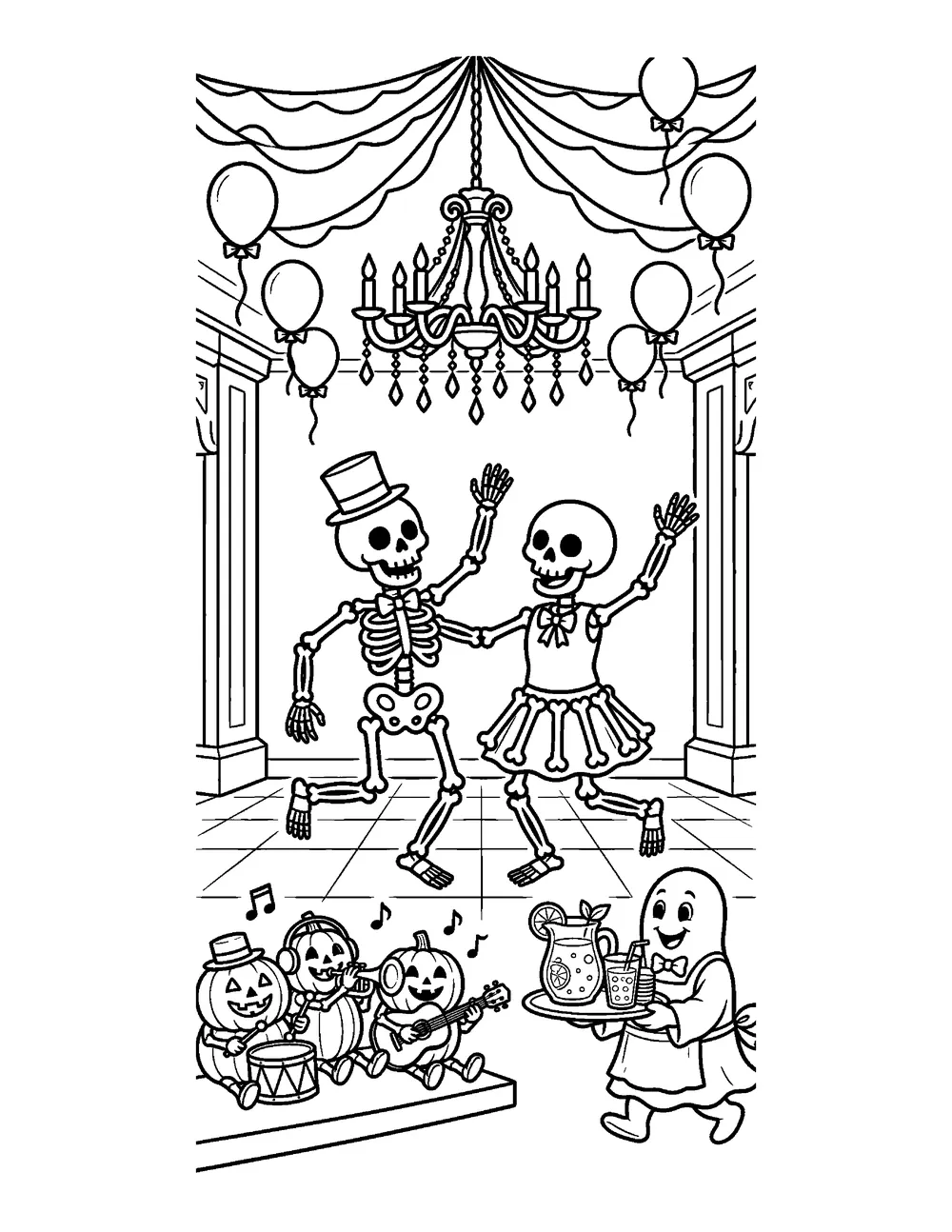 Free printable Skeleton Halloween Dance Halloween coloring page for kids