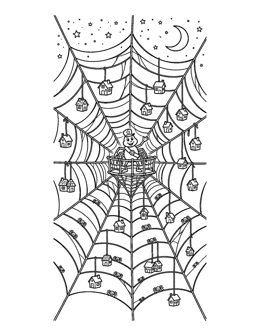 Free printable Spider's Web City Halloween coloring page for kids