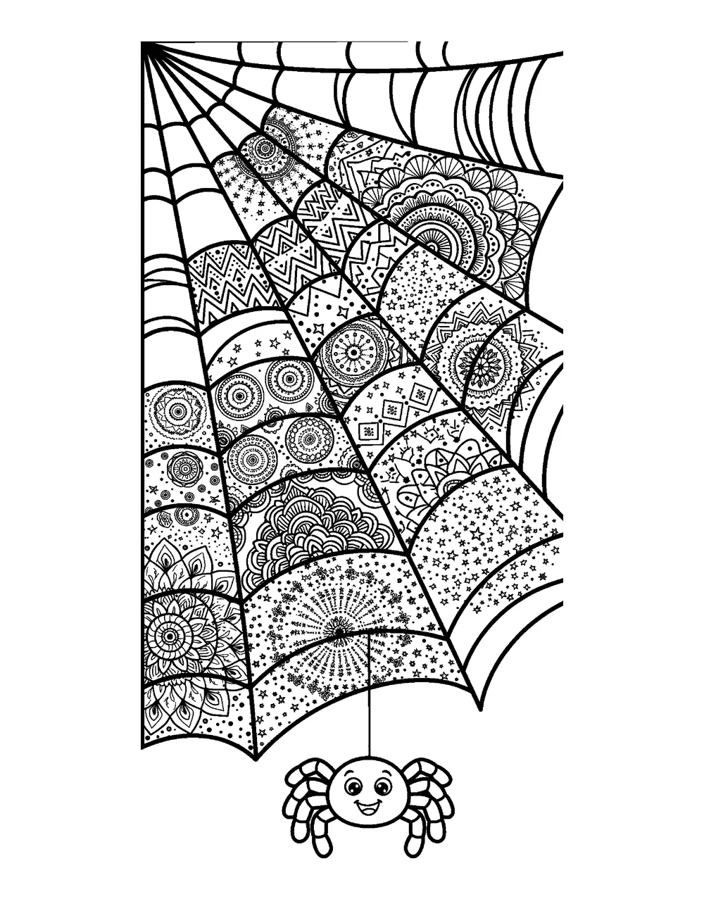 Free printable Spiderweb Mandala Corner Halloween coloring page for kids