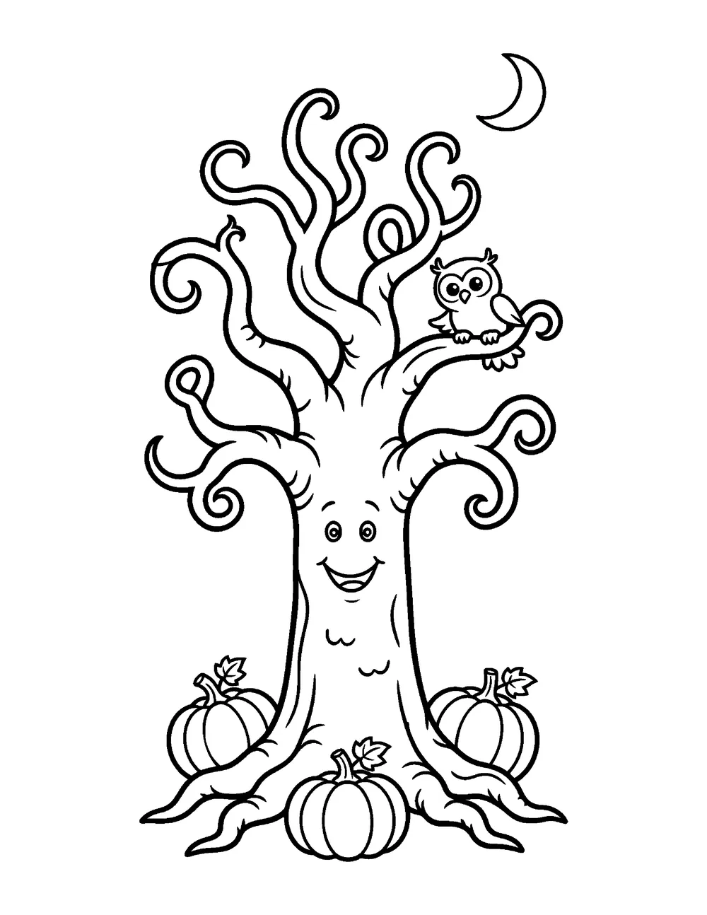 Free printable Spooky Tree Halloween coloring page for kids