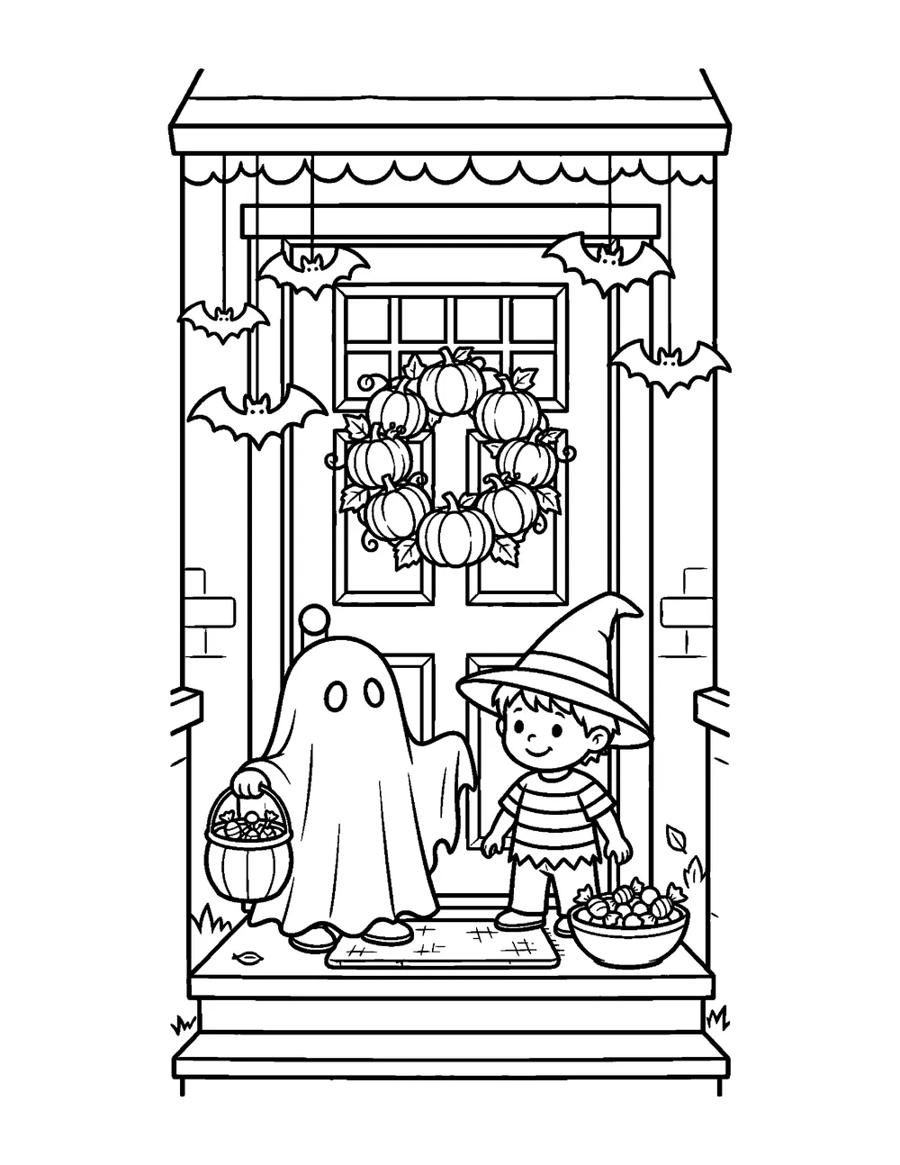 Free printable Trick-or-Treaters at the Door Halloween coloring page for kids