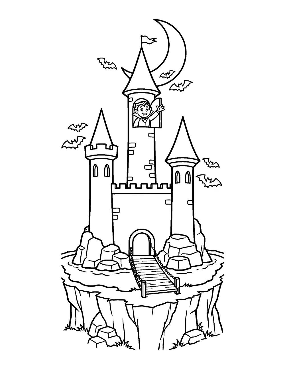 Free printable Vampire Castle Halloween coloring page for kids