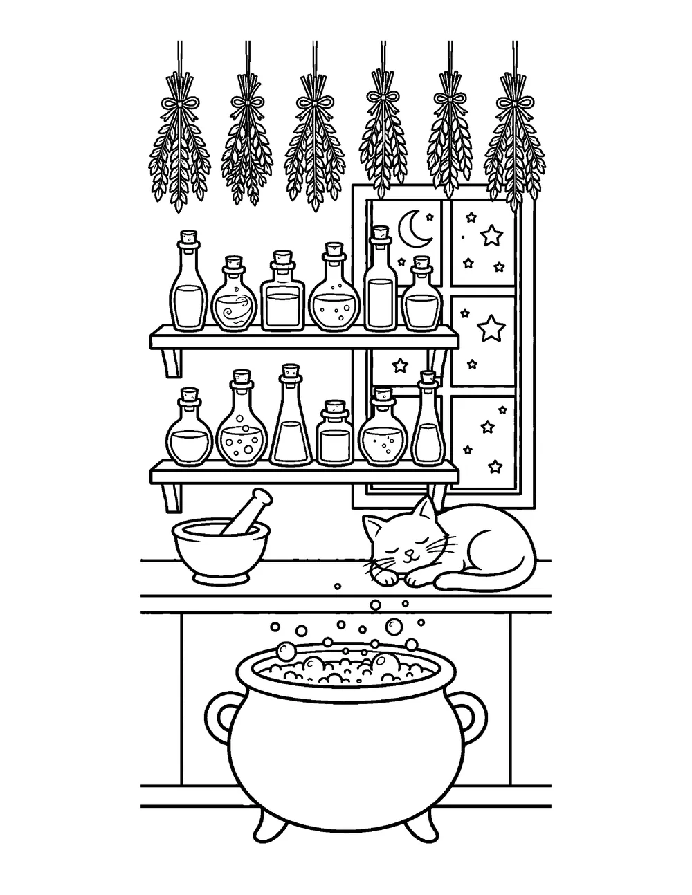 Free printable Witch's Apothecary Halloween coloring page for kids