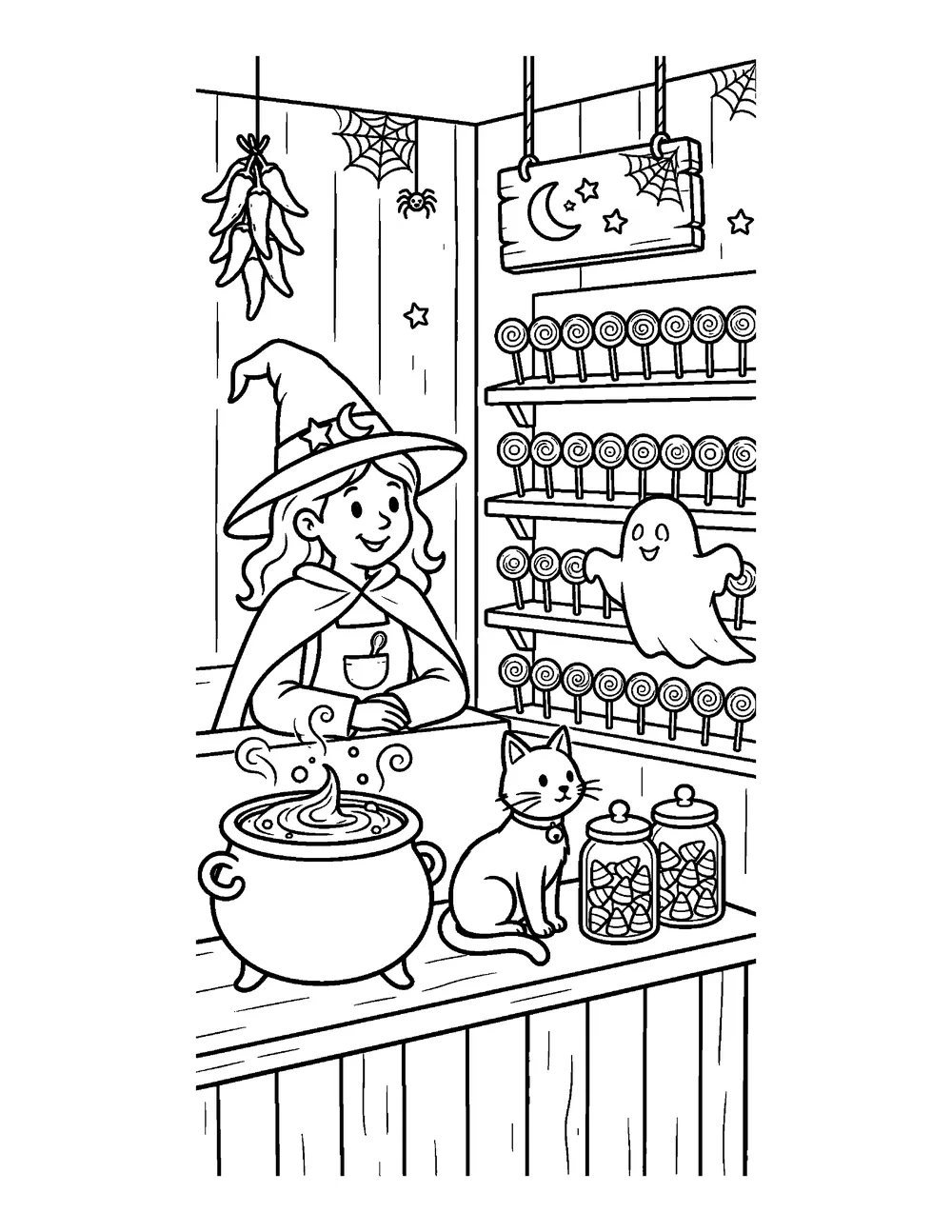 Free printable Witch's Candy Shop Halloween coloring page for kids