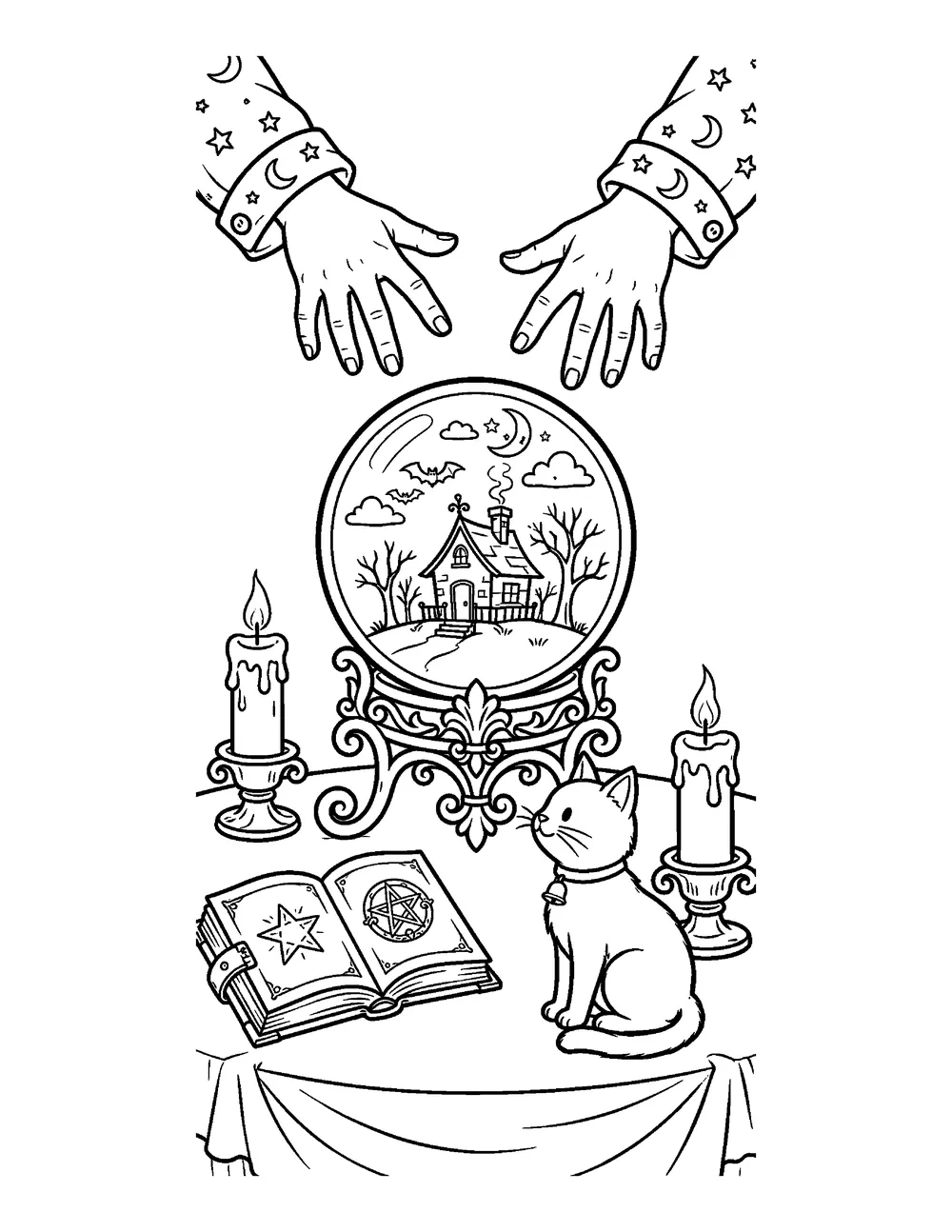 Free printable Witch's Crystal Ball Halloween coloring page for kids