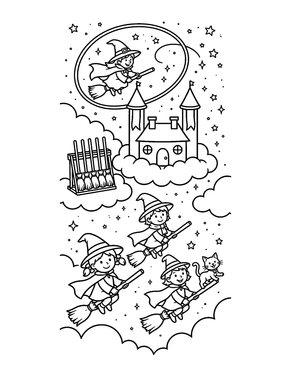 Free printable Witch's Flying School Halloween coloring page for kids