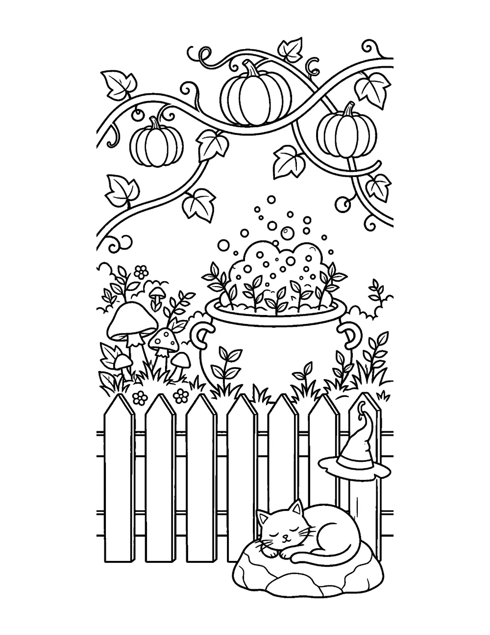Free printable Witch's Garden Halloween coloring page for kids