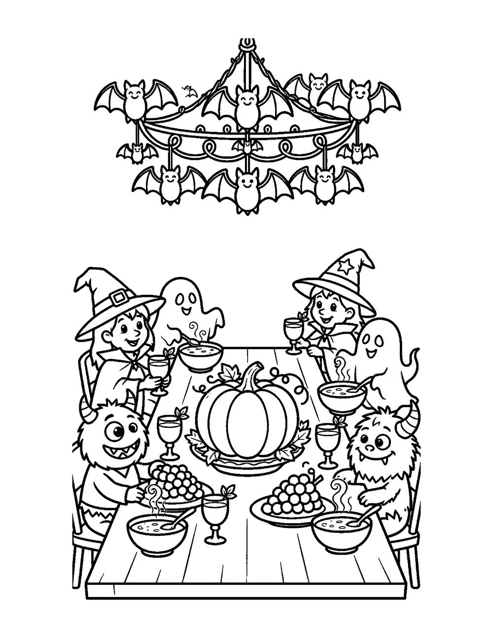 Free printable Witch's Halloween Feast Halloween coloring page for kids